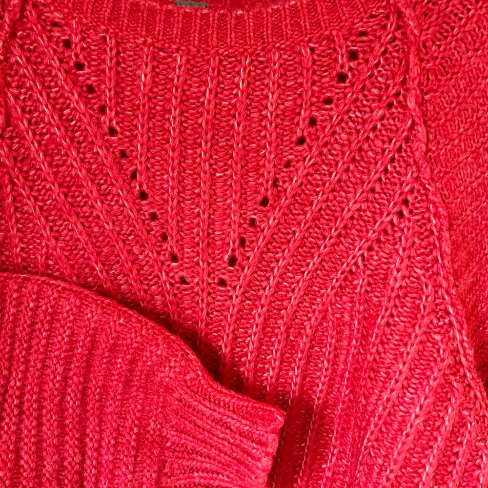 Free People Carter Knit Pullover Chunky Red Crew Neck Oversized Sweater Top S/M - Picture 3 of 9